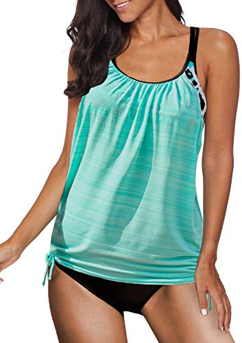 Dokotoo Tankini Damen Bauchweg Bademode Set Zweiteiliger Badeanzug Push up Gepolstert Tankinis Oberteil mit Slip, himmelblau, XL