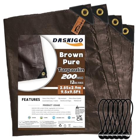 DASKIGO Bâche de protection imperméable et 6 boules élastiques Marron 3 x 3 m 200 g/m²