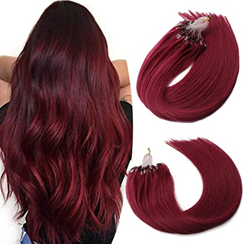 Yotty Burgundy Hair Extensions - Human Hair Extensions with Micro Ring Links and Loop Tips - Remy Hair - Solid Color Burgundy Red - Straight - 20inch - 100 Strands - 50g