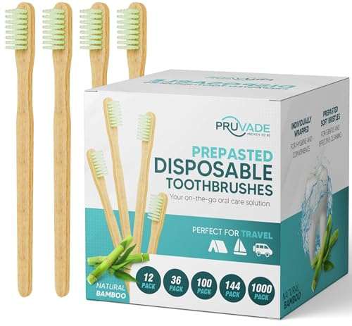 Pruvade 144 Pack Disposable Bamboo Toothbrushes with Toothpaste Built in - Prepasted Toothbrushes Individually Wrapped - Single Use Waterless Tooth Brush with Soft Bristles for Work, Camping, Travel