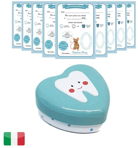Myfuturshop® Caja dientes de leche, Cartas ratoncito Pérez | Una cajita guarda dientes + 10 Certificados de diente limpio | VERSION ITALIANA | Regalo original para niño y niña (AZUL)