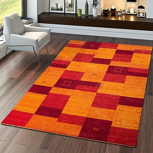 TT Home Teppich Indischer Gabbeh Handgefertigt Modern 100% Wolle Karo In Terrakotta, Größe:120x170 cm