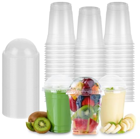SENENQU Lot de 100 gobelets réutilisables en plastique avec couvercles en forme de dôme, 500 ml avec couvercles, pour jus, smoothie, thé, café, restaurants à emporter
