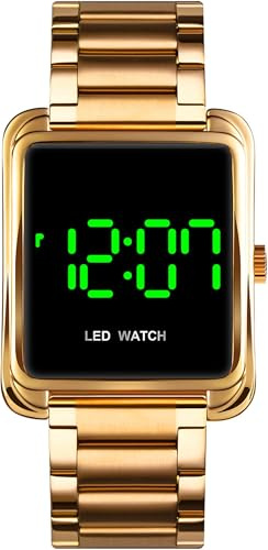 findtime Reloj digital LED para hombre, calendario, acero inoxidable, minimalista, para hombre, dorado, dorado, Pulsera