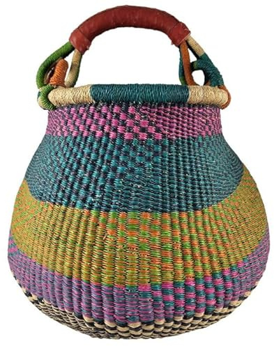 Bolga Gambigo Afrika - XXL - Das Original aus Ghana - Bunt - Fair Trade - Rund - Viele Farben - Afrikanischer Graskorb mit Ledergriff - Flechtkorb 30-40 cm - Rundkorb mit Wunschdesign (Sissili)