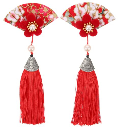 Housoutil Pinces à Cheveux Japonaises Kimono, 2pièces Pince à Cheveux Japonaise, Barrettes à Cheveux En Forme Fan, Rouge, Gland, Fleurs De Cerisier