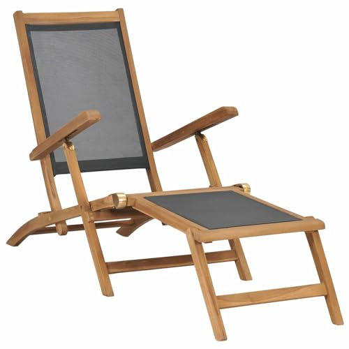 CIADAZ Liegestuhl mit Fußablage, Gartenliege, Sonnenliege, Relaxliege, Deckchair, Terrassenstühle, Beach Chair, Saunaliege, Massivholz Teak Schwarz