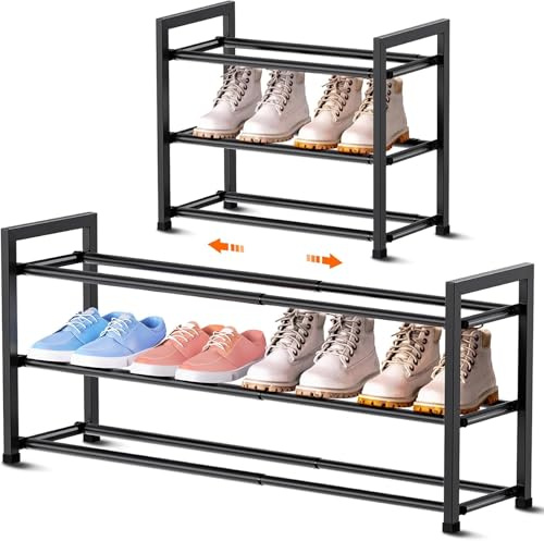Bumusty 3-Tier Expandable Shoe Rack, Adjustable Shoe Organizer Shelf for Wardrobe, Metal Free Standing Shoe Rack Storage for Small Space, Hallway, Black