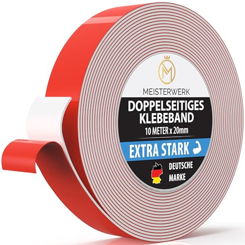 MEISTERWERK Doppelseitiges Klebeband ohne Bohren - [EXTRA STARK] - Universelles Montageband I Doppelseitiges Klebeband stark I Doppelklebeband Klebeband (10m x 20mm)