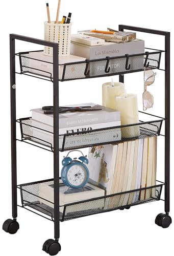 crkmire 3-Tier Metall Rollwagen, Utility Aufbewahrungswagen mit Rädern und Griff Mobile Book Art Snack Windel Baby Badezimmer Trolley Cart für Lehrer, Büro, Krankenpflege Mehr