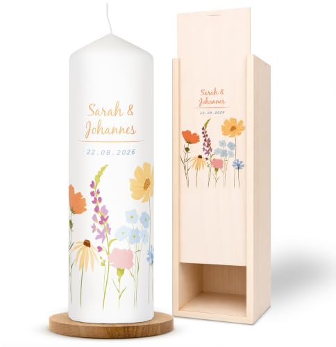 AMARI ® Hochzeitskerze personalisiert Blumenwiese 25/8 cm - mit Namen & Datum – Elegante Traukerze für Hochzeit & Standesamt – Individuelles Geschenk zur Trauung