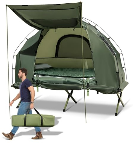 GYMAX Zelt mit Feldbett, Campingbett mit Schlafsack, Luftmatratze & Kissen, Campingzelt mit Sonnenschutz & Tragetasche, Campingliege für Wandern, Angeln & Picknick