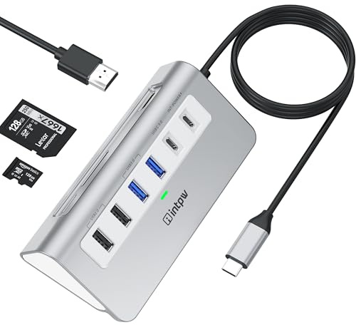 intpw 9-in-1 USB C Hub, 28° Ergonomic Aluminum Hub, 4K@60Hz HDMI, PD 100W
