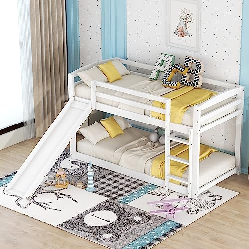 Kinderbett Etagenbett 90×200, Hochbett Kinder mit Leiter, Rutsche und Lattenrost, Platzsparendes Hausbett Etagenbettrahmen Spielbett Jugendbett, Holzbett aus massiver Kiefer, Ohne Matratze, Weiß