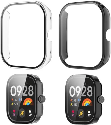 Hugfads Funda Compatible con Xiaomi Redmi Watch 4 - [2 Piezas] Protección Completa 360 Grados en PC Duro con Cristal Templado 9H - Carcasa Antichoque HD - Transparente + Negro