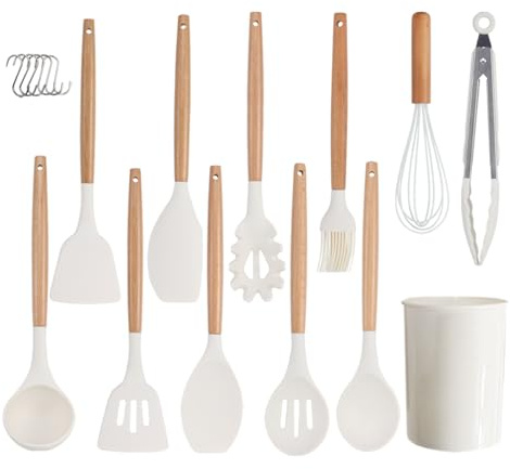 Kitchen Utensil Set 12 PCS Silicone Cooking Utensils Set with Wooden Handle, Heat Resistant, Nonstick Cookware Tongs Spatula Spoon Set Dishwasher Safe Best Kitchen Tools with Holder (White)
