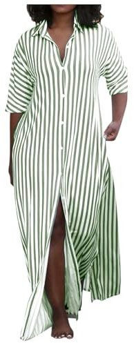 KBOPLEMQ Damen Kleid Mit Kragen V Ausschnitt Lang Gestreifte Blusenkleid Sommer Streifen Maxikleid Streifen Langes Kleider mit Schlitz Shirtkleider Geknöpftes Hemdkleider Lockere Freizeitkleid