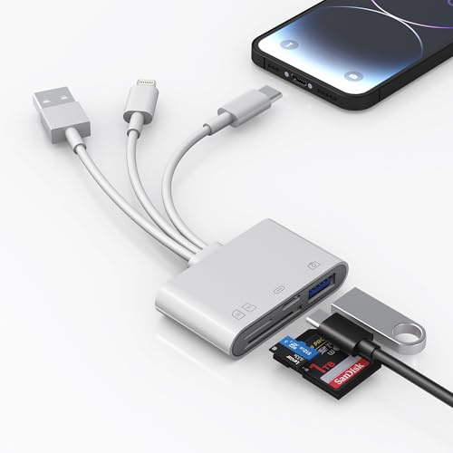 Lightning & USB A & USB-C SD Kartenleser für iPhone/iPad/Kamera, 4-in-1 Multi Speicherkartenleser SD Kartenleser Card Reader Adapter mit Micro SD & SD Kartensteckplätzen, USB A Port und Ladeanschluss
