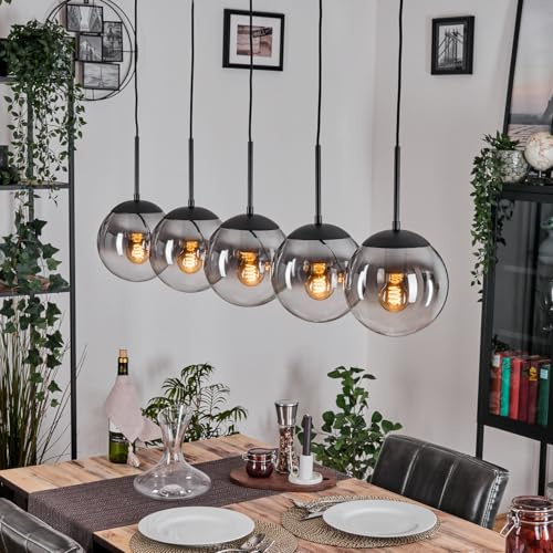 HOFSTEIN Hängeleuchte Gastor, 5-flammige Hängelampe aus Metall/Glas in Schwarz/Rauch/Klar, Vintage-Design (Ø 20cm), E27, Pendelleuchte höhenverstellbar max. 140cm, Esszimmer, Wohnzimmer, Küche