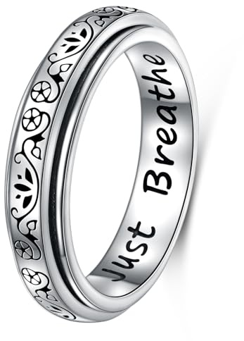 Ladytree Anxiety Fidget Ring S925 Sterling Silver Lotus Flower Yoga Just Breathe Spinner Worry Band Stress Relieving Boredom ADHD Autism Rings for Women Men,Size 8