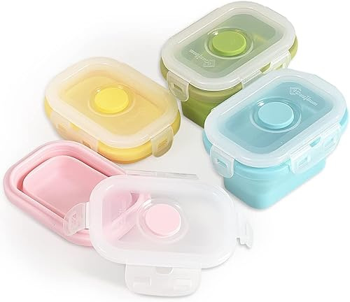 Angaekkot 4 Stück Silicone Collapsible Containers,Frischhaltedosen mit Deckel, Lebensmittelbehälter aus Silikon-Stapelbar,BPA-frei, 150 ml Faltbare Frischhaltedosen Behälter mit Schnappdeckel
