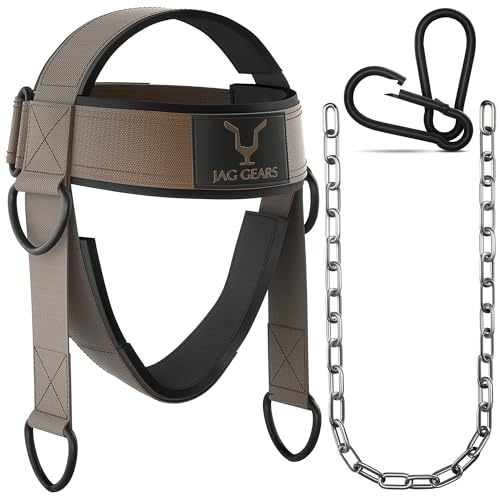 JAG GEARS Neck Trainer Neck Training – 7 mm neopren vadderad nacktränare med 110 cm lång justerbar stålkedja huvudsele för nackträning – huvudsele för gym, viktträning (brun)
