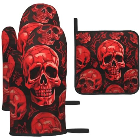 Lot de 3 maniques et maniques rouges 3D - Résistantes à la chaleur - Résistantes à la chaleur - Pour four à micro-ondes - Gants de cuisine et coussinets chauds
