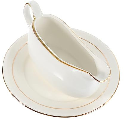 CIYODO Ceramic Gravy Boat Set Handle and Tray, White Porcelain Sauce Dispenser Bowl for Steak and Condiments, Large Serving Jug Suitable for Restaurant and Home Use