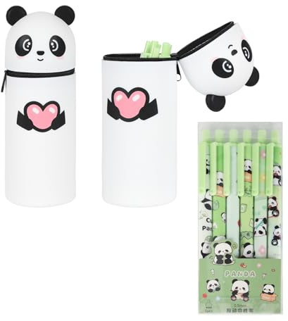 MEIJINMEIYU Panda Federmäppchen Set mit 6 Panda Stiften – Kawaii Panda Schulbedarf, Einschulung Geschenk, Silikon Mäppchen, dehnbares Federmäppchen, ideal für Schultüte (Panda)