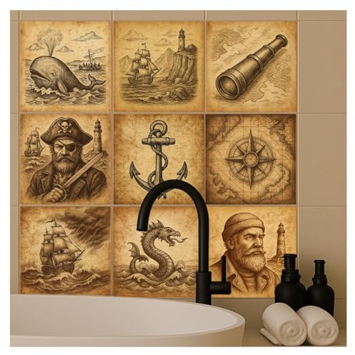 FoLIESEN Adhesivo para azulejos para baño, cocina, cuarto de baño - Película adhesiva para azulejos autoadhesiva - Adhesivos decorativos - Los 9 signos del mar,.:20x20 cm - 9 piezas.
