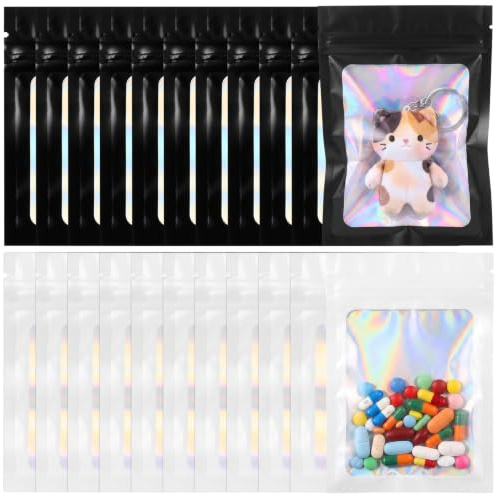 120 Pcs pour Mylar Sacs Zips, Sacs Refermables avec Fenêtre, Sachets avec Ziplocks Fermeture éclair pour Bonbons, Biscuits, Bijoux, Confiseries, Bagues(7 x 10 cm, Blanc, Noir)