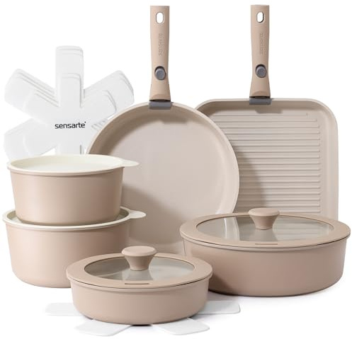 SENSARTE 17 Piece Ceramic Pots and Pans Set, Nonstick Detachable Handle Cookware, Induction Kitchen Cookware Set with Removable Handle, Oven Safe (Almond Beige)