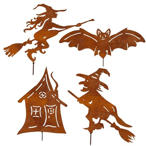 4 Stück Roststecker Halloween Deko Set, Rostfigur Hallöween Fledermäuse Dekor, Halloween Hexen Herbstdeko,Rostfigur Gartenstecker, Rost Haus Gartendeko für Draußen Gärten Rasenflächen Pflanzgefäße