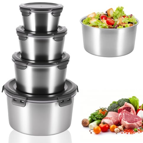 ZONJIE Stainless Steel Food Container, 4 Pcs Small Food Containers with Lid Reusable Meal Prep Containers Leak-Proof Metal Kids Lunch Box Snack Pots, Dishwasher & Freezer Safe