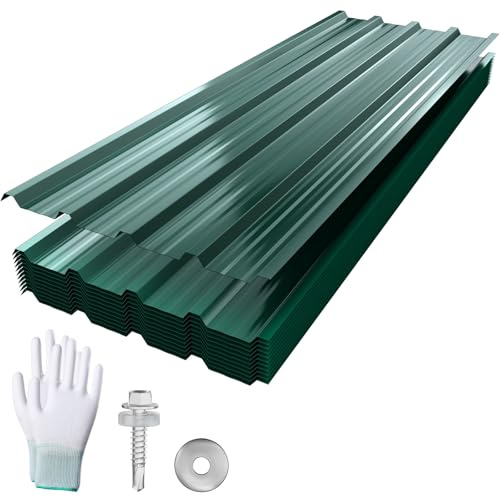 YUENFONG 12 Stück Wellplatte Trapezblech Dachbleche Dachplatten Verzinkter Stahl mit Struktur, 129,5x45 cm Profilblech mit Schrauben & Handschuhe, 7 m² für Garage, Grün