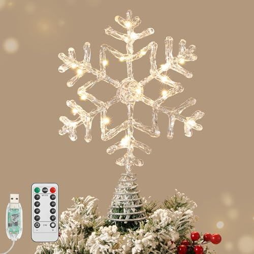 Lewondr Weihnachtsbaumspitze Schneeflocke, 12,2'' Glitzernde Epoxid Christbaumspitze mit 20 LED Birnen, 6 Std. Timer & 8 Modi USB Fernbedienung, Baumspitze Weihnachtsdeko für Innen Feiertag, Silber