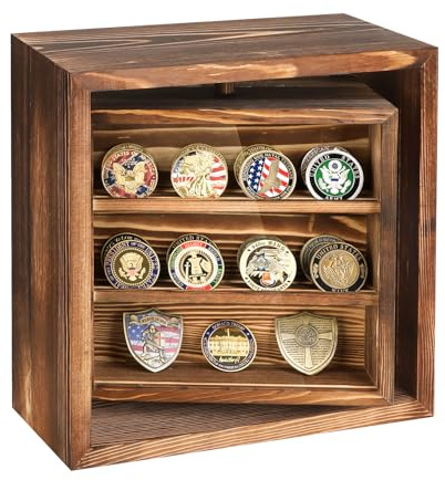 Double-Sided Rotating Challenge Coin Display Case, Medals Collectible Figures Cabinet Shadow Box, Honoring Veterans & Collectors Holder Storage Box for Bobble Heads by Solid Wood