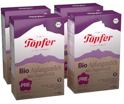 Töpfer Bio Anfangsmilch PRE aus Ziegenmilch – palmölfrei – Säuglingsanfangsnahrung ab Geburt – mit Bio-GOS & 4 Bifido-Kulturen – ARA & DHA aus Algenöl – 4x400g