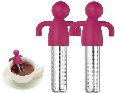 sourcing map 2 Pcs Cute Tea Infuser, Stainless Steel Loose Leaf Tea Steeper Filter with Silicone Handle Reusable Coarse Pores Mesh Strainer Diffuser for Teacups Teapots Mugs, Rose Red