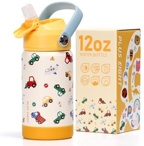 pluseight Gourde isotherme pour enfants avec couvercle à paille, 355 ml sans BPA à double paroi isotherme en acier inoxydable 18/8 avec paille pour les garçons et les filles pour l’école et les