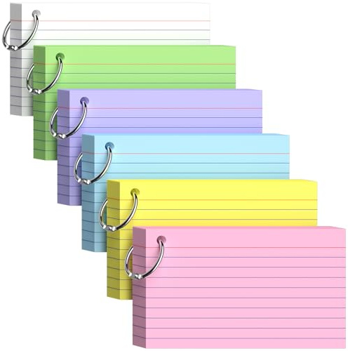 300 Stück Kleine Karteikarten A7 (12,7 x 7,6 cm), Linierte Lernkarten | A7 Karteikarte mit Ring 6 Farben Kleine Bunte Karteikarten für Vokabeln Englisch Vokabeln Rezepte, Lernkarten für Notizen