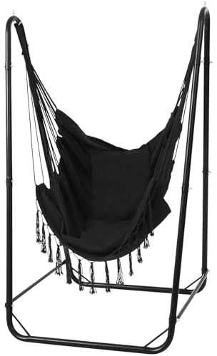 SELFLA Silla Colgante en U con Soporte, Silla Colgante de Acero Resistente con Soporte para Interior y Exterior, Base Estable, Capacidad 100 kg, Montaje fácil - Negro