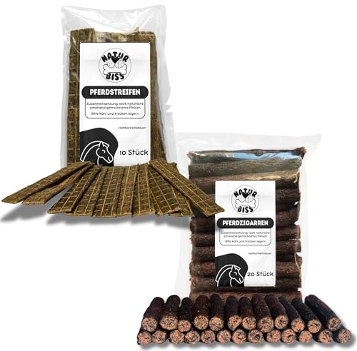 Naturbiss Hundezigarren Pferd 20 Stück + Pferdstreifen 10 Stück – Hundeleckerli, Hundesnacks, Dog Treats – Natürliche und Getreidefrei – Hypoallergene, gesunde Leckereien pur für große, kleine Hunde