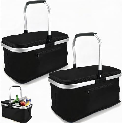 2 Stück 24L Einkaufskorb Groß Isolierkorb Kühlkorb Kühltasche Picknickkorb Thermotasche Kühltasche Thermo Tasche Kühlbox Einkaufskörbe (Schwarz)