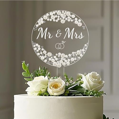 Litvana Mr and Mrs Cake Topper - Wedding Cake Decor with Pearls and Rhinestones for Engagement Bridal Anniversary Round