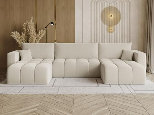 GRAINGOLD Neva U Ecksofa mit Schlaffunktion & Bettkasten 370x170 cm, U-Form Sofa mit Stauraum, Schlafcouch für Wohnzimmer, Bouclé-Stoff, 5-Sitzer Wohnlandschaft, Modernes Design (Beige)