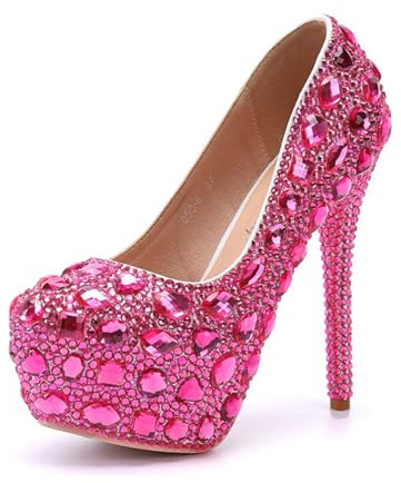 Générique Femmes Talons Hauts Escarpins De Mariage À Plateforme Bout Rond Chaussures De Mariée avec Strass Glisser sur Chaussures De Soirée, Fête Ou Bal,Fuchsia,40 EU