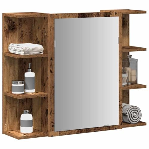 Drillkyn Armadietto da bagno con specchio effetto legno anticato, 80 x 20,5 x 64 cm, con molto spazio portaoggetti, porta, mensola, cassetto, mensola per bagno, WC degli ospiti, lavandino, armadietto