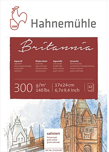 Hahnemühle Britannia Aquarellblock, satiniertes naturweißes Aquarellpapier, 300 g/m², 12 Blatt, 17 x 24 cm