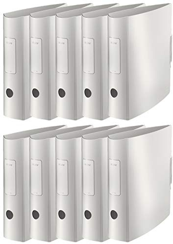 Leitz Qualitäts-Ordner 180° Active Style in gebürsteter Alu-Optik, A4, Runder Rücken, 8,2 cm Breite, Gummibandverschluss (10er Pack, Arktik-Weiß)